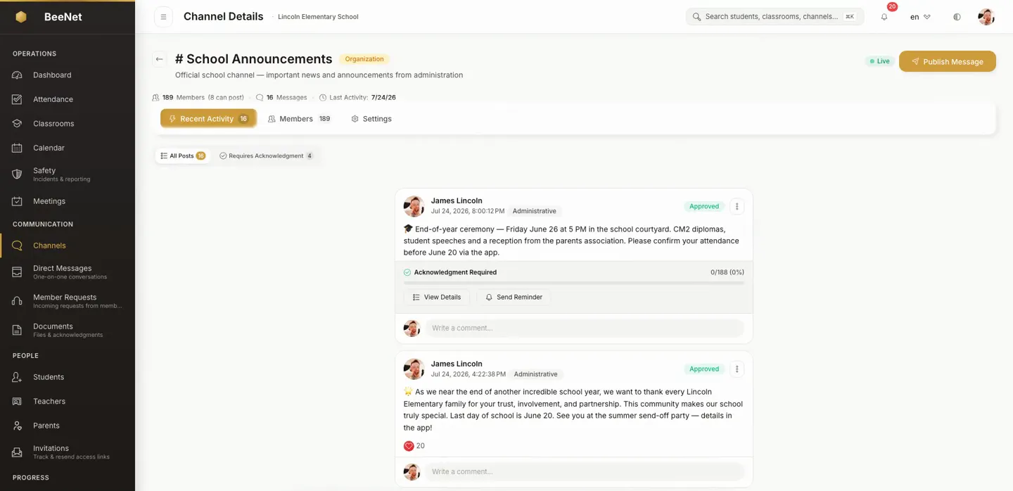 The BeeNet admin portal, as the school sees it