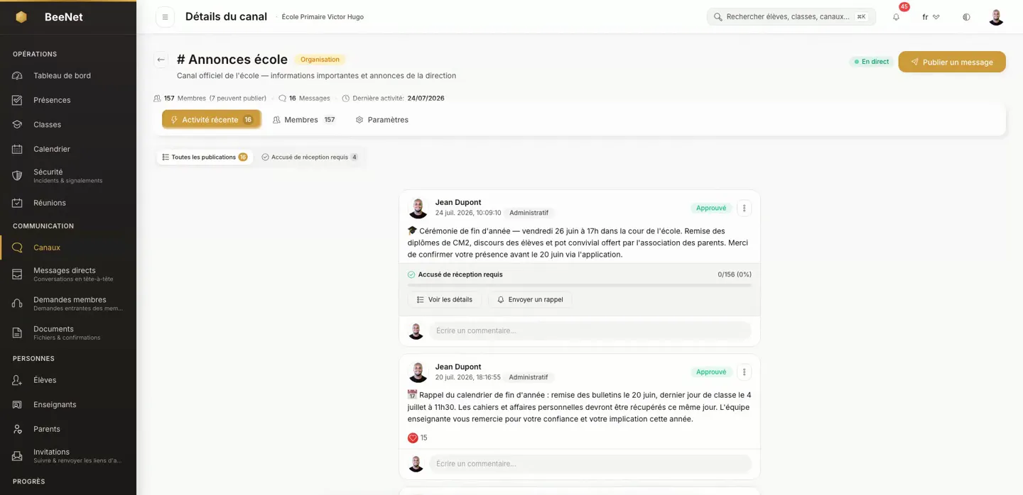 Le portail d'administration BeeNet, côté école