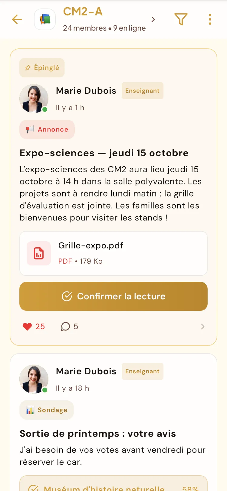 Fil des annonces de la classe dans BeeNet
