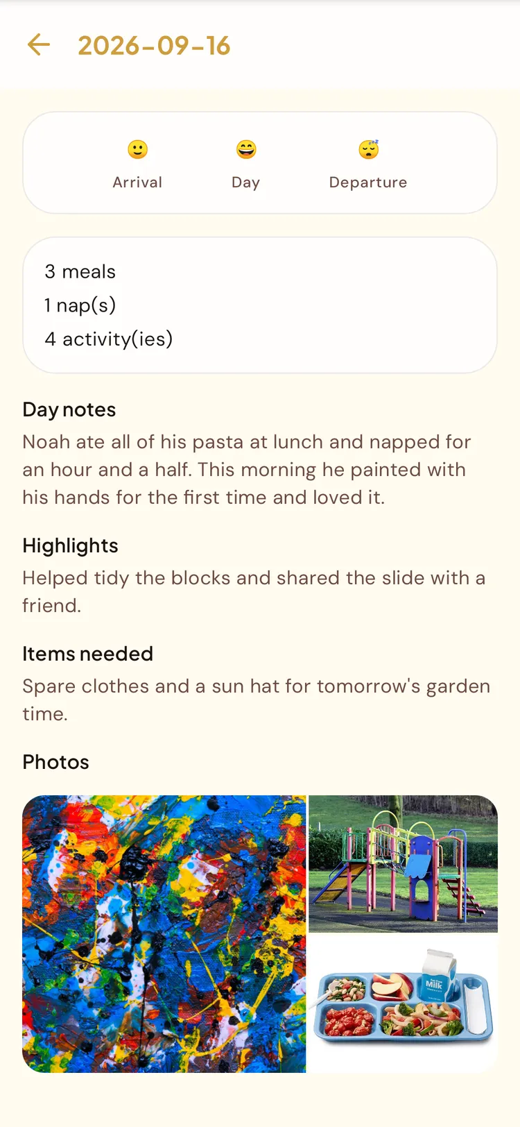 A nursery child's daily recap in BeeNet: moods, meals, nap, activities and photos