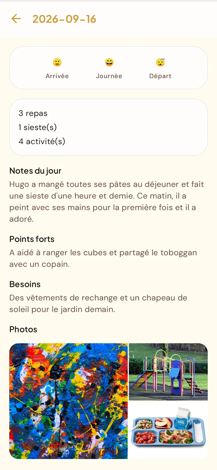 Compte rendu de la journée d'un enfant en crèche dans BeeNet : humeur, repas, sieste, activités et photos