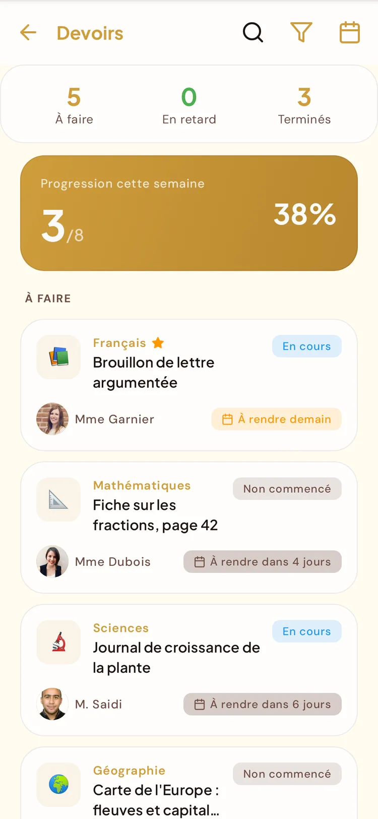 Liste des devoirs de la classe dans BeeNet