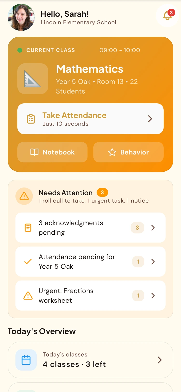 BeeNet teacher home: the current lesson, the register and new messages