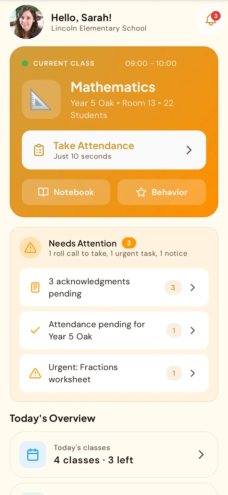 BeeNet teacher home: the current lesson, the register and new messages