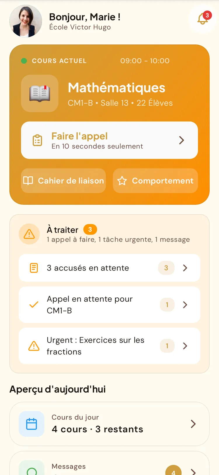 Accueil enseignant de l'application BeeNet : le cours en cours, l'appel et les nouveaux messages