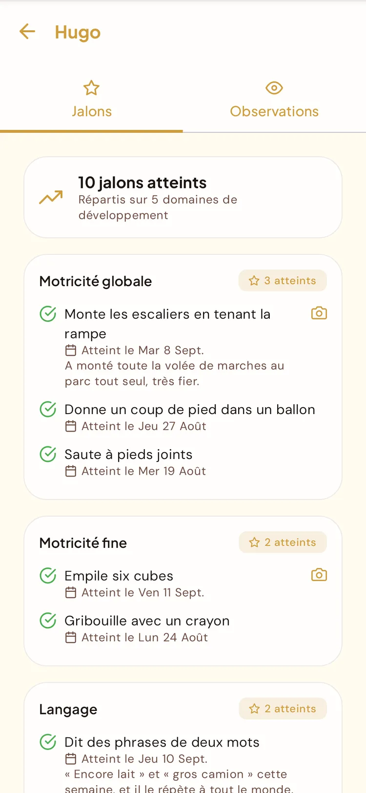 Les étapes de développement d'un enfant dans BeeNet