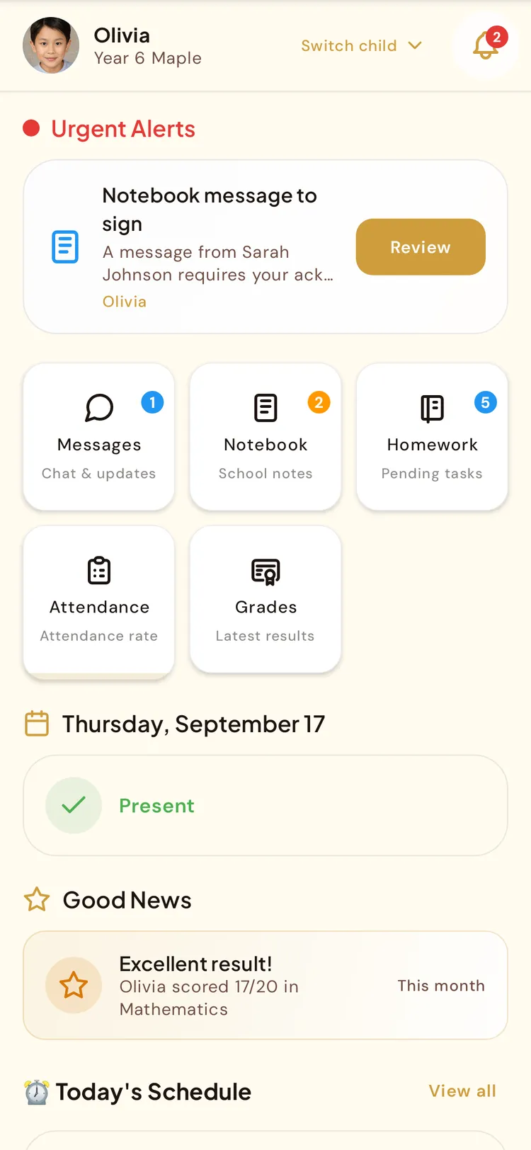 BeeNet parent home: the child's day at a glance