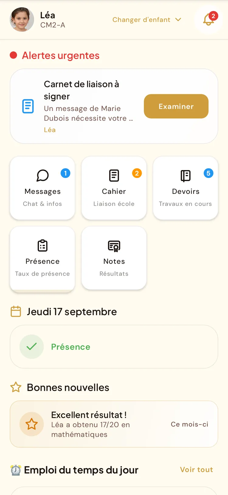 Accueil parent de l'application BeeNet : la journée de l'enfant en un coup d'œil