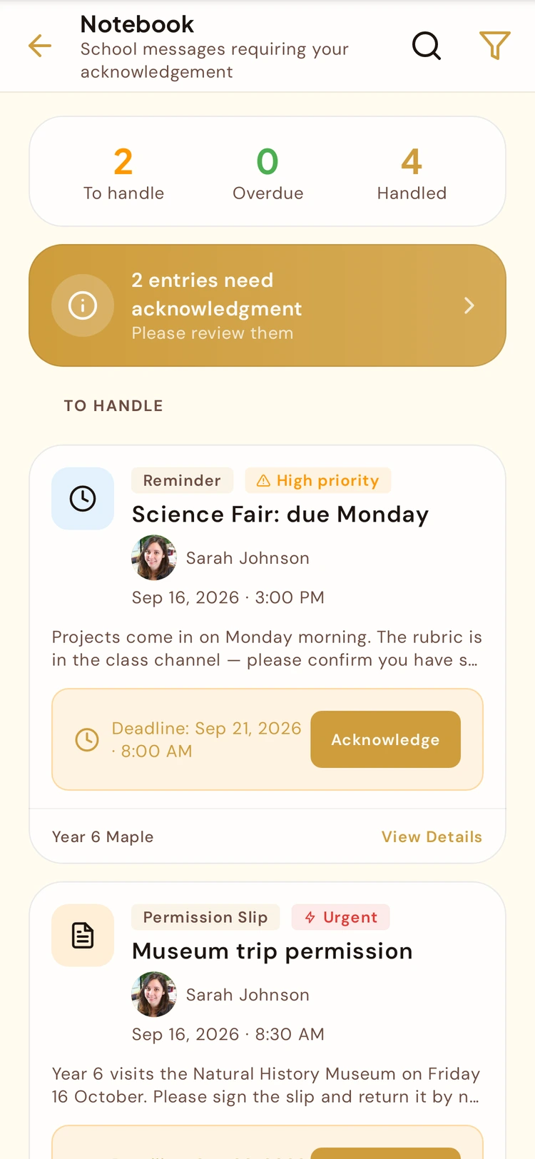 BeeNet digital home-school notebook, parent view