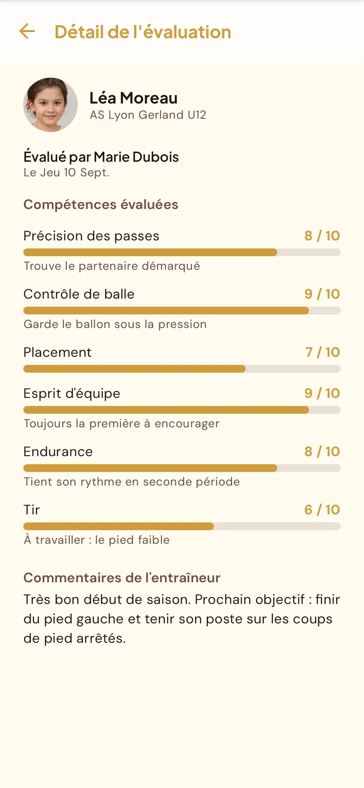 Le détail d'une évaluation dans BeeNet : une note par compétence et le commentaire de l'entraîneur