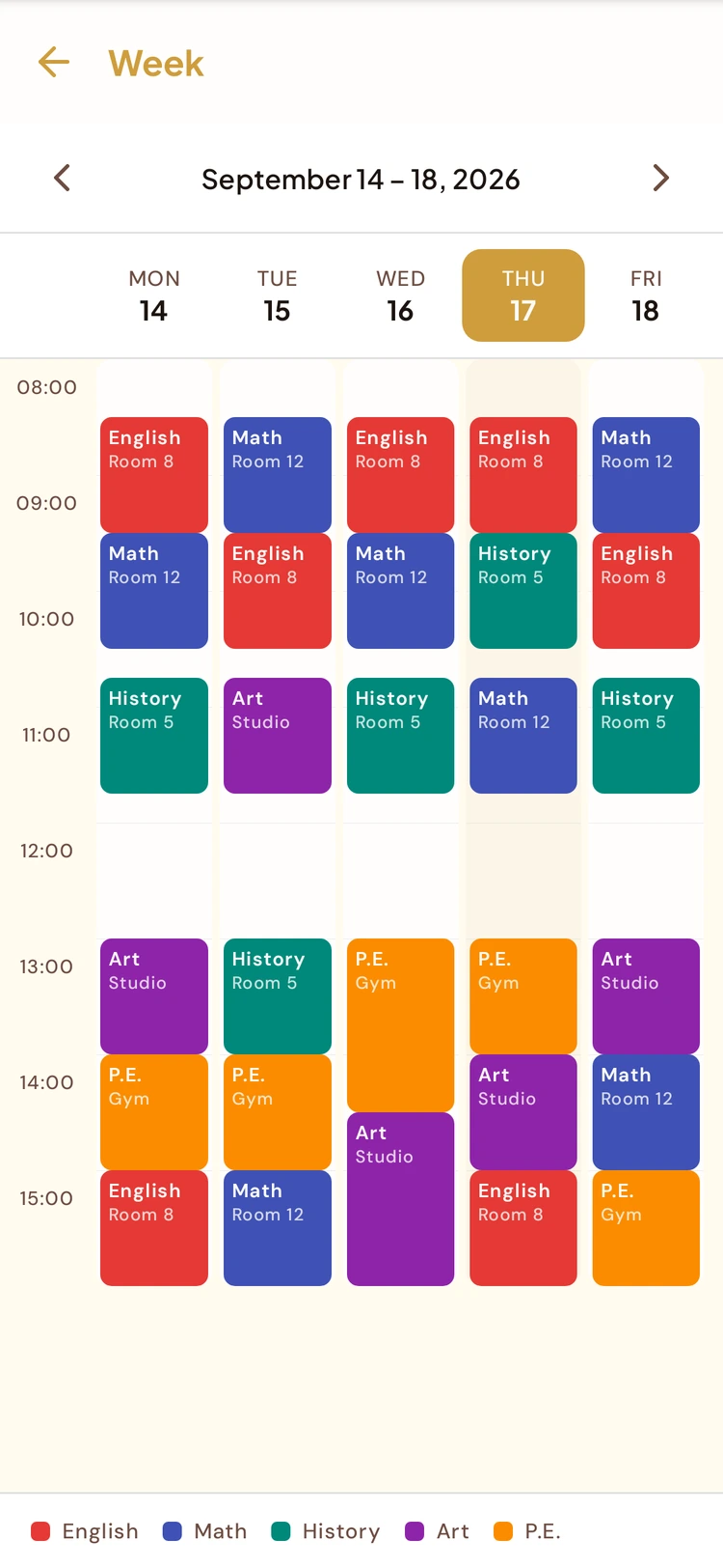 The week's timetable in BeeNet