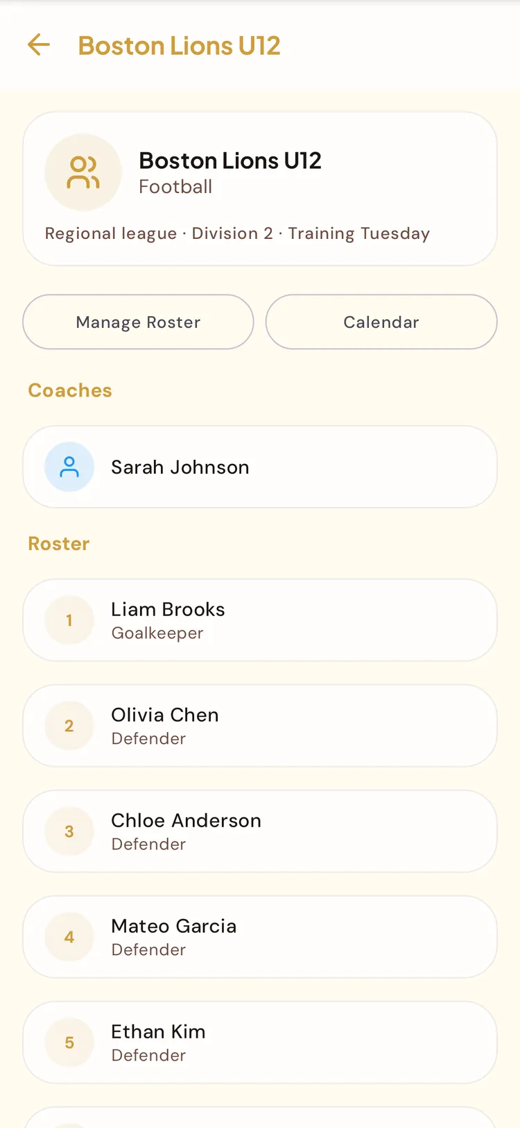 A youth team in BeeNet: coaches and roster, coach view